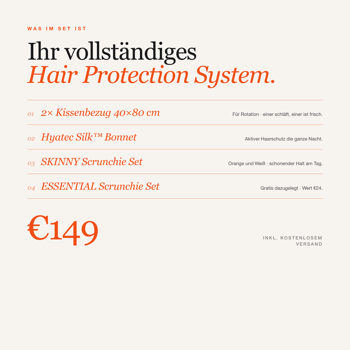 Complete Sleep Set Inhalt — 2 Kissenbezüge Bonnet SKINNY und ESSENTIAL Scrunchies