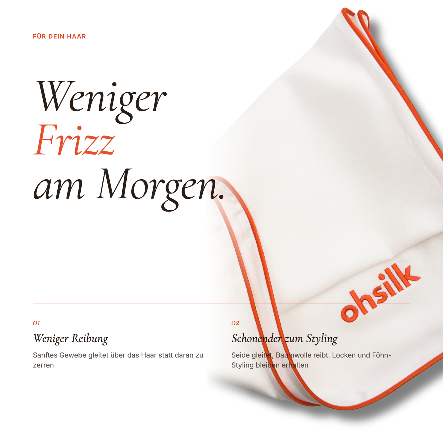 ohsilk Seidenkissenbezug auf Kissen — sanfte Schlafoberfläche für Haar und Haut