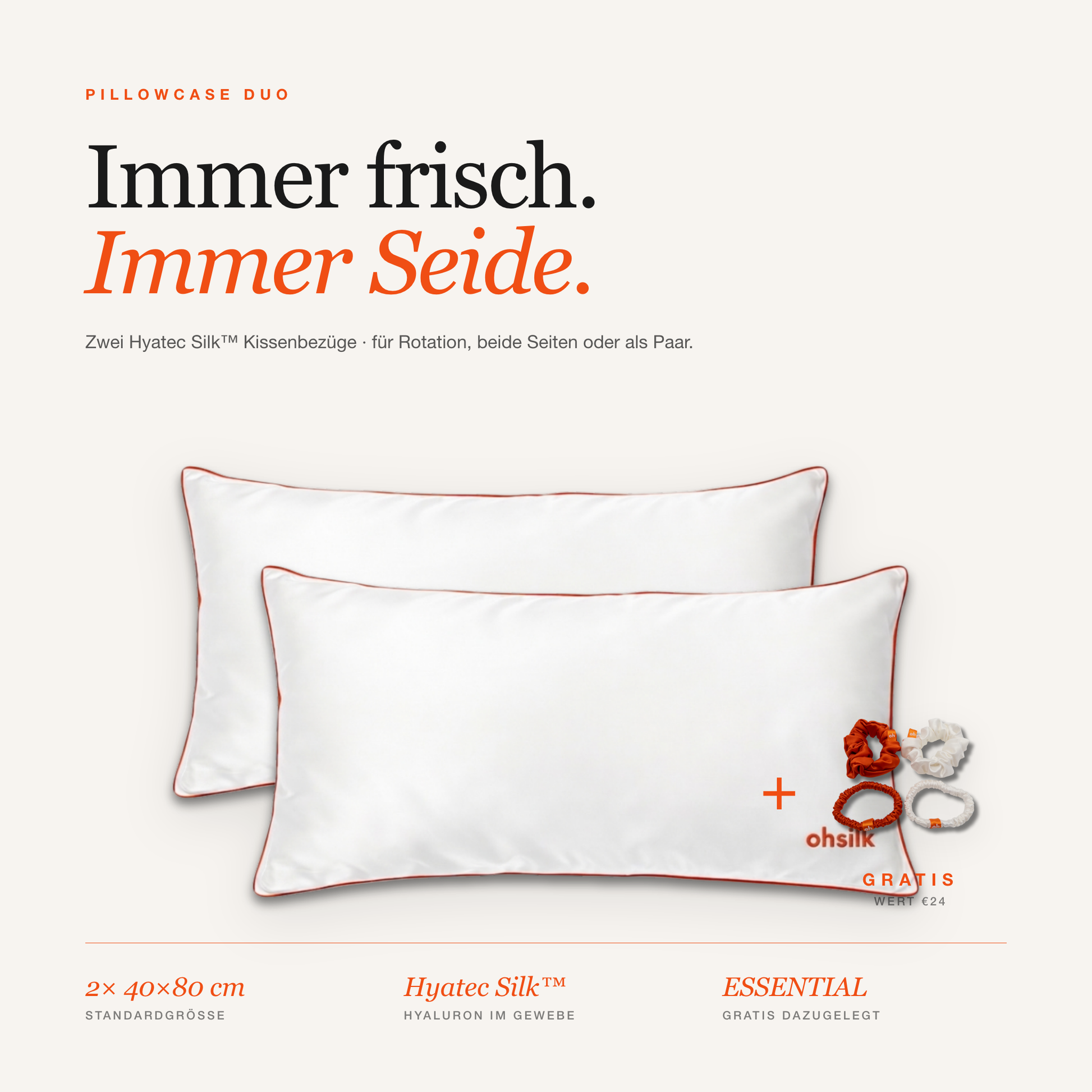 ohsilk Pillowcase Duo — 2 Hyatec Silk™ Seidenkissenbezüge 40x80 cm im Set