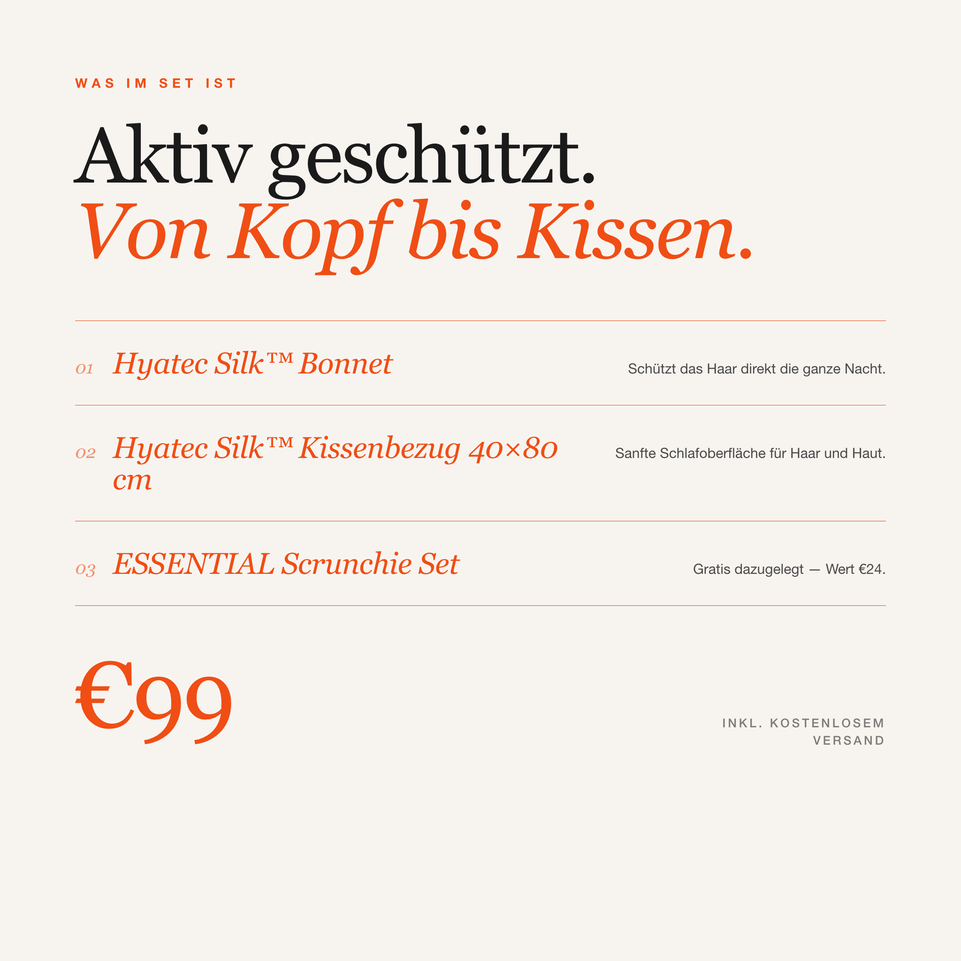 Signature Sleep Set Inhalt — Bonnet und Kissenbezug plus ESSENTIAL Scrunchie Set gratis