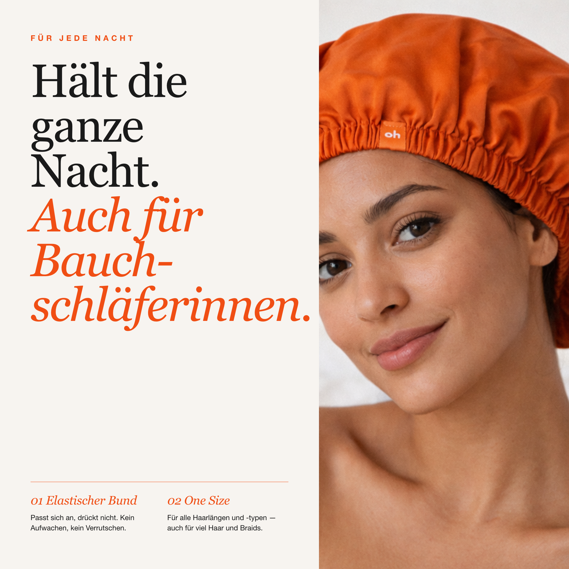 Hyatec Silk™ Bonnet aufgesetzt — schützt Locken und Styling über Nacht