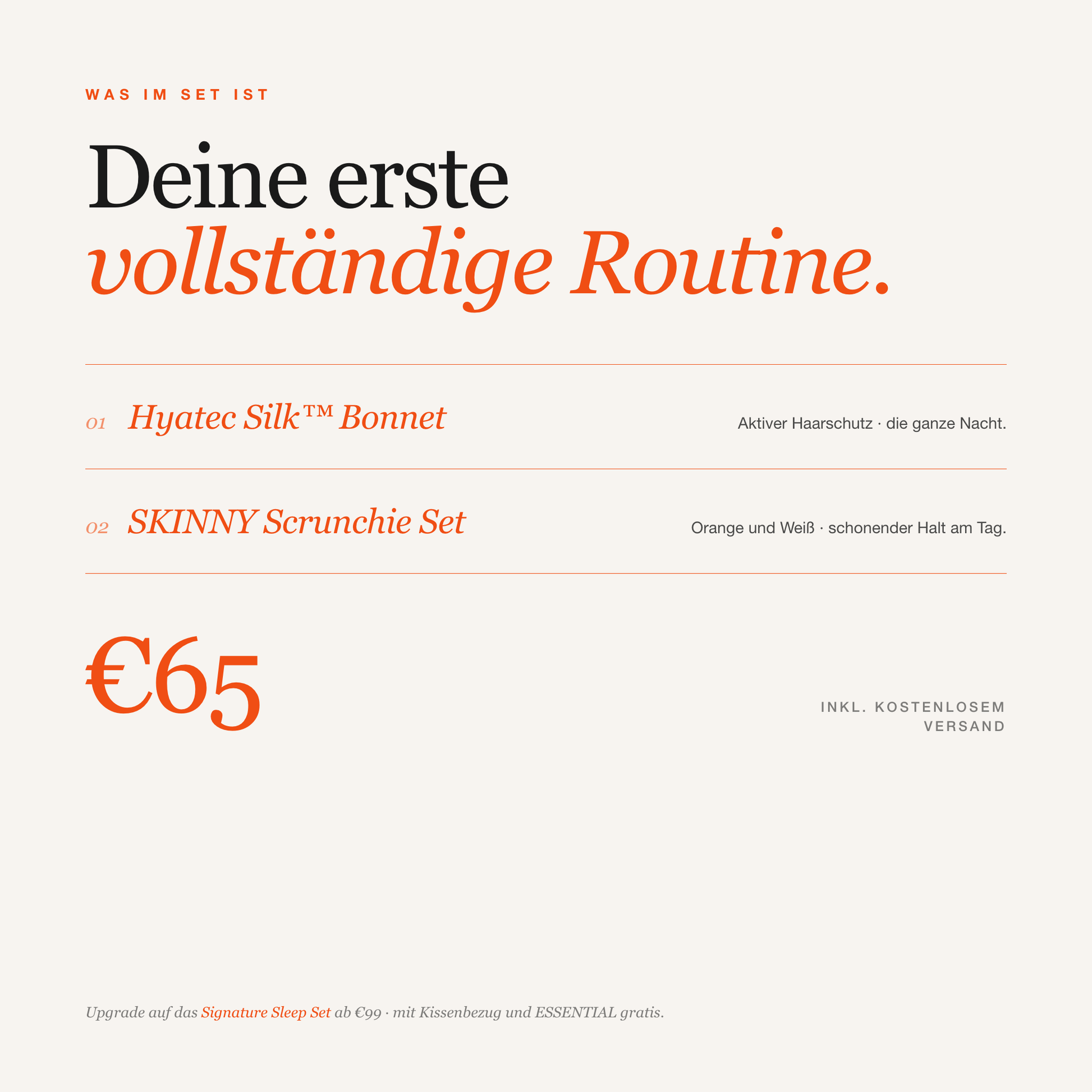 Night Upgrade Set Inhalt — Hyatec Silk™ Bonnet und SKINNY Scrunchie Set